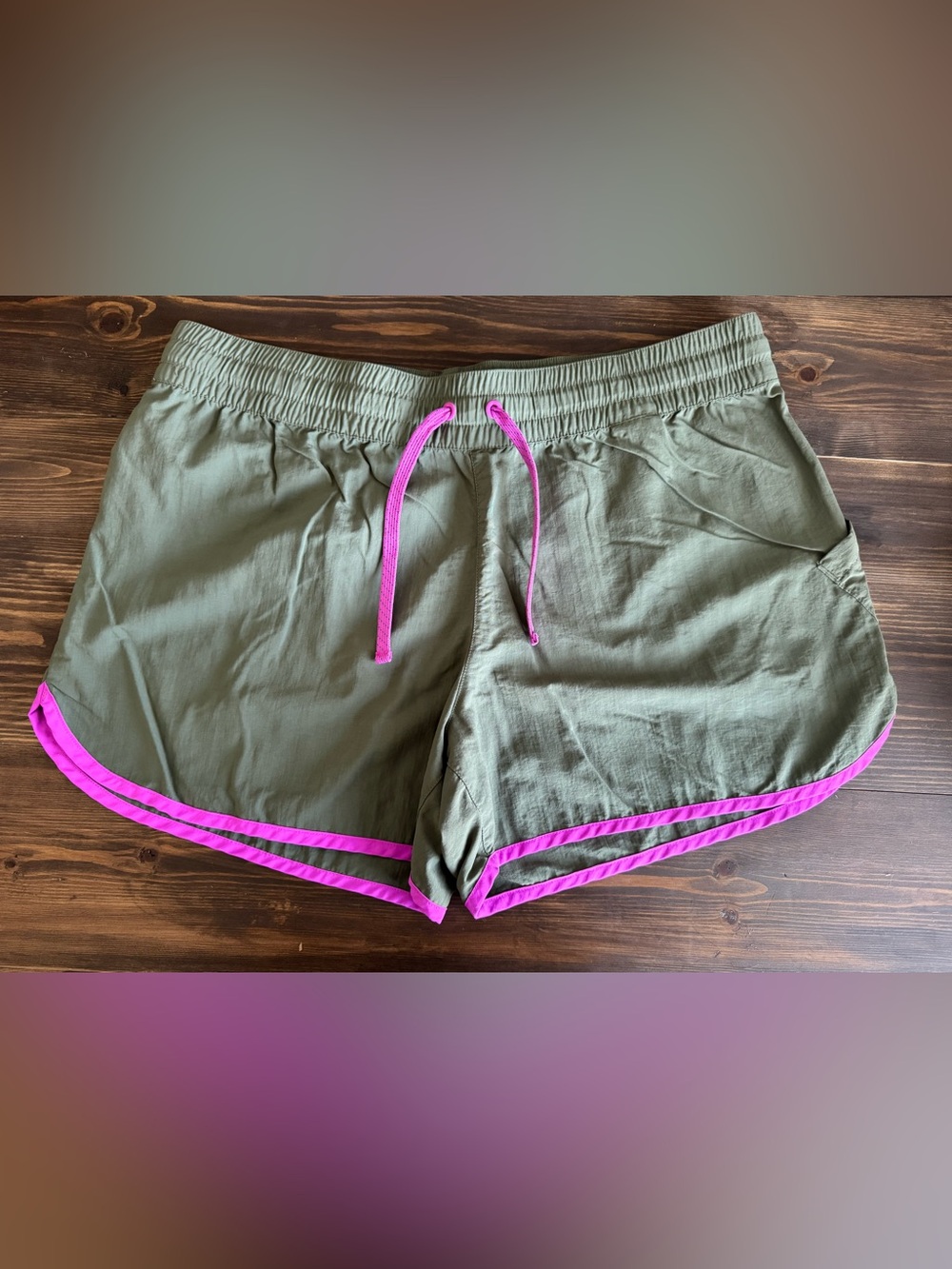 Columbia Olive Green Athletic Shorts with Purple Trim